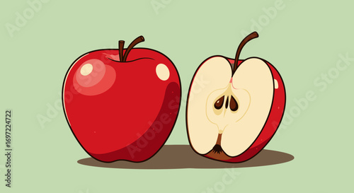 A vibrant red apple, depicted whole and sliced in half to reveal its core and seeds, presented as a clean vector illustration on a light background.