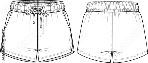 Technical fashion sketch, men's shorts design, elastic waistband, drawstring detail, garment construction, apparel template, front and back view illustration