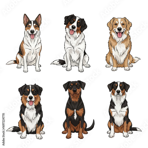 Six cartoon dogs of various breeds sitting together, showcasing their unique features and expressions