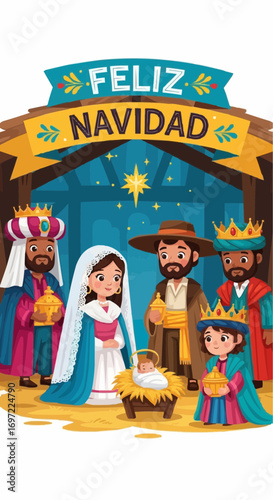 Feliz navidad christmas nativity scene illustration with mary joseph and three wise men clip art vector image vector