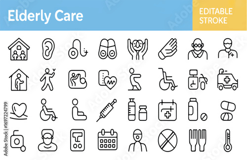Sustainable Senior Living & Care Editable Line Icons for Health, Support, and Well-being Services – A Modern Vector Collection
