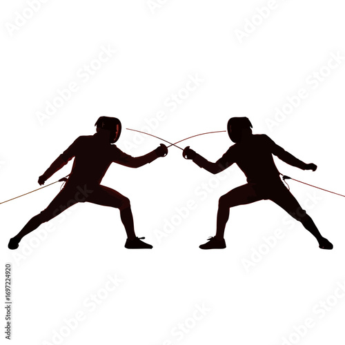 Two fencers in silhouette engage in a duel, showcasing athleticism and competition