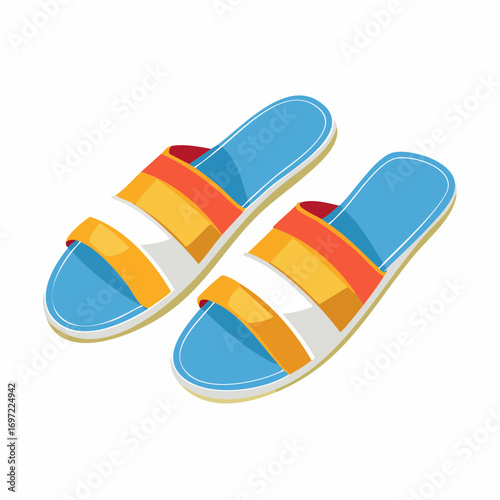 Vibrant pair of summer flip-flops with striped straps. Casual footwear for beach, pool, and warm weather vacations.