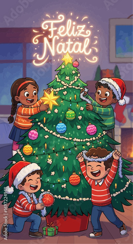 Feliz natal christmas tree decoration children decorating happy holiday season family fun cartoon illustration art vector