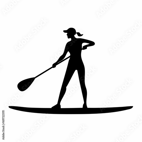 Woman stand-up paddleboarding silhouette. Female paddleboarder with cap and paddle. Water sport, active lifestyle, fitness illustration.