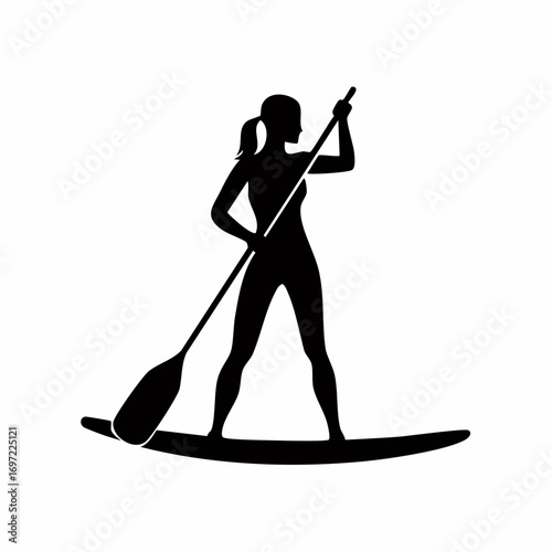 Dynamic Silhouette of Woman Stand Up Paddleboarding. Vector Graphic for Summer Water Sports, Fitness, and Outdoor Recreation.