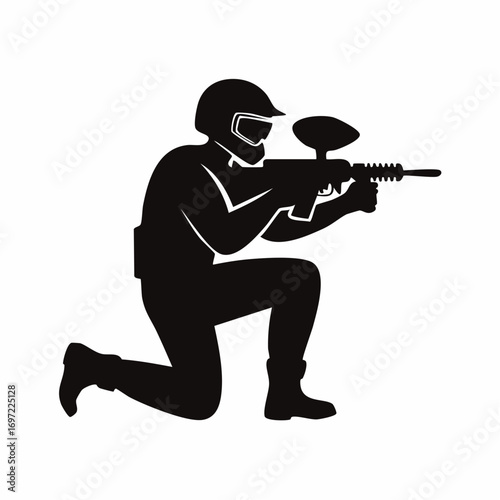 Paintball player silhouette aiming in tactical gear. Kneeling sports athlete with marker gun for extreme game.