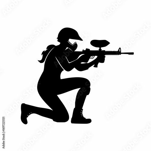 Tactical Paintball Player Silhouette with Marker and Mask in Action Pose, Outdoor Recreation and Team Sport Activity