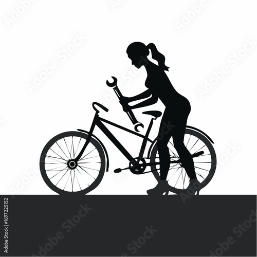 Silhouette of a woman fixing a bicycle with a wrench. Female cyclist performing bike maintenance. Vector illustration of repair service.