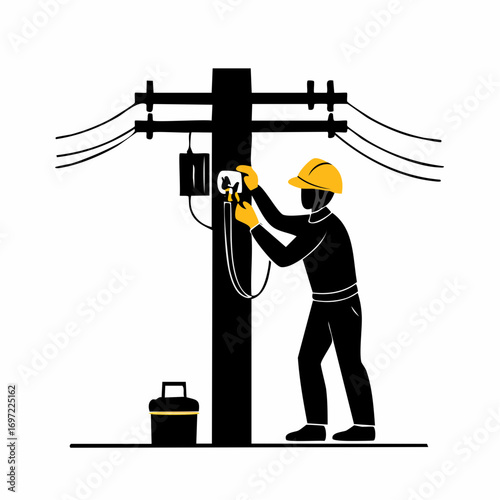 Lineman working on power pole. Electrical worker maintaining utility lines. Energy infrastructure and electricity repair illustration.