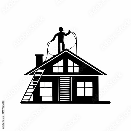 Professional roofer or chimney sweep icon. Worker silhouette on house roof with ladder, home repair and maintenance service.