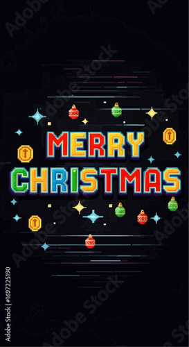 Retro pixel art merry christmas greeting card holiday season celebration festive christmas ornaments and coins vector