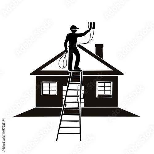 Service technician on ladder installing or repairing utility wires on a house roof. Home connection, maintenance, and repair icon.