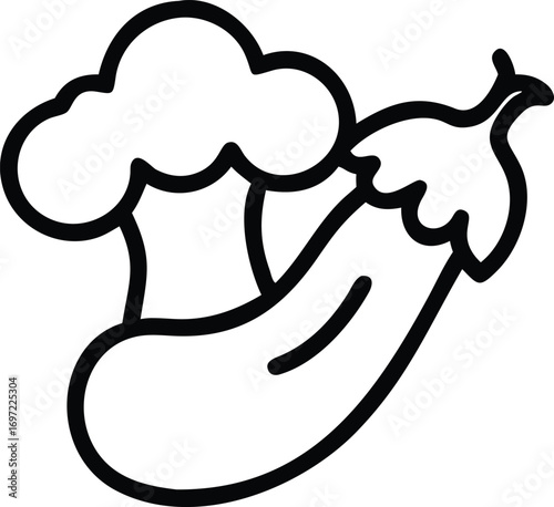 Simple monoline style vegetable icon featuring broccoli, eggplant, and capsicum merged together.