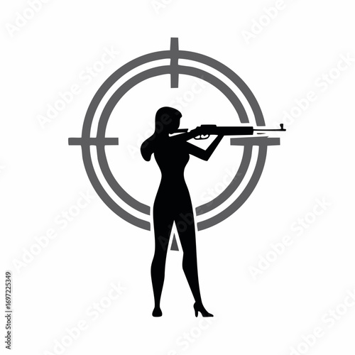 Female shooter silhouette aiming a rifle through a target scope. Precision marksmanship concept vector graphic icon on white background.