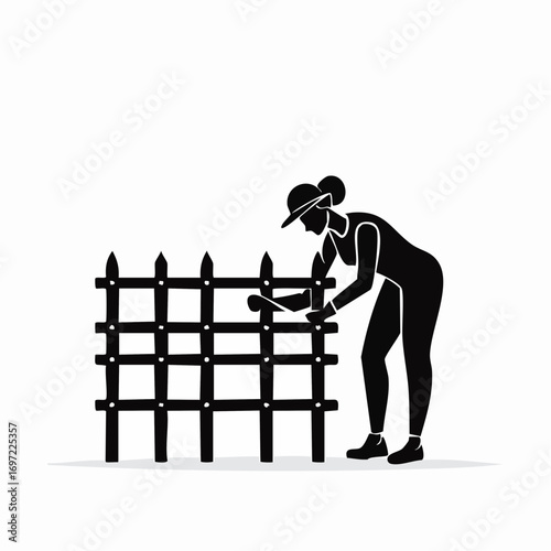 Silhouette of a woman painting a wooden picket fence. DIY home improvement, garden maintenance, outdoor activity illustration.