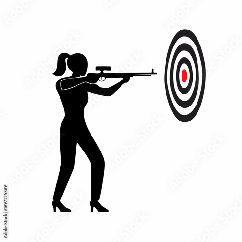Silhouette of a woman aiming a rifle at a bullseye target. Marksmanship, precision shooting, goal achievement, and accuracy sport concept.