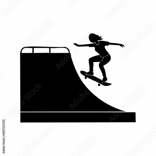 Black silhouette vector icon of a female skateboarder riding down a skate ramp. Extreme sport, action, recreation illustration.