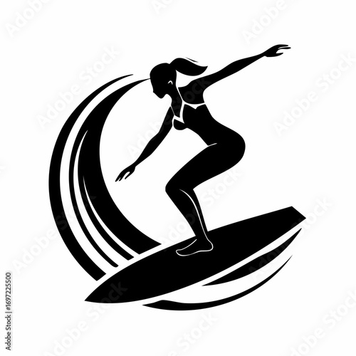 Dynamic female surfer silhouette riding a powerful ocean wave, black and white graphic illustration for water sports and summer.
