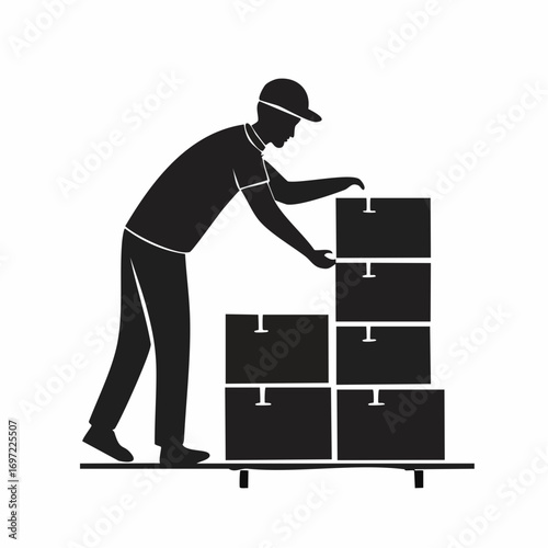 Worker silhouette stacking cardboard boxes for logistics, delivery, moving, or warehouse operations. Icon concept.