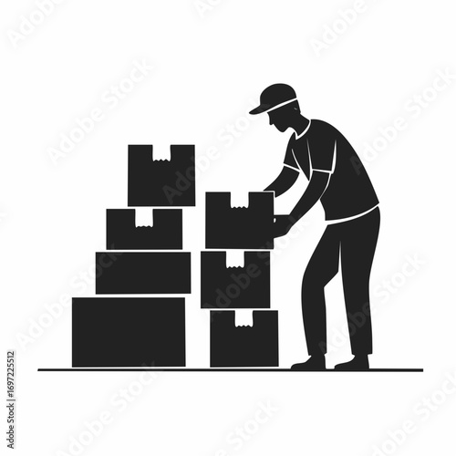 Silhouette illustration of a person stacking cardboard boxes, representing delivery, logistics, moving, and package handling.