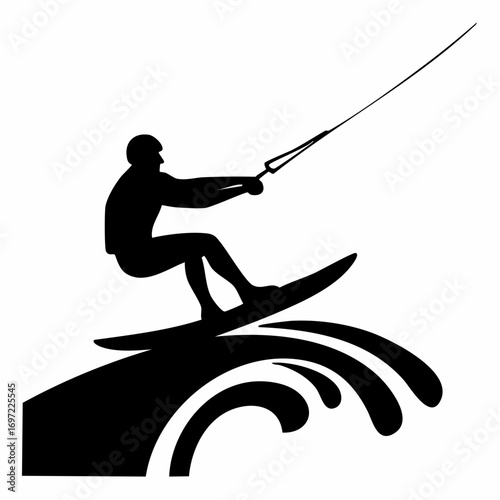 Dynamic black silhouette of a wakeboarder riding a wave, holding a tow rope. Vector illustration of a thrilling water sport.