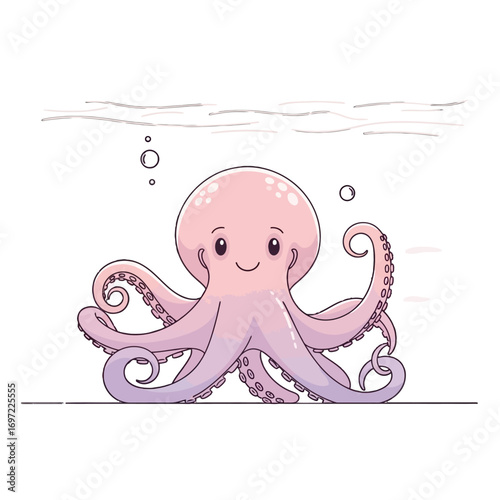 Cute cartoon octopus swimming playfully in the ocean with bubbles and a serene background