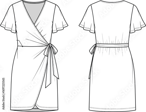 Women's wrap dress fashion illustration, flutter sleeve garment sketch, V-neckline design, technical drawing, apparel template, sewing pattern, stylish silhouette