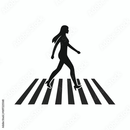 Woman walking on pedestrian crossing. Silhouette of a female crossing the street on a zebra crosswalk. Urban road safety concept.