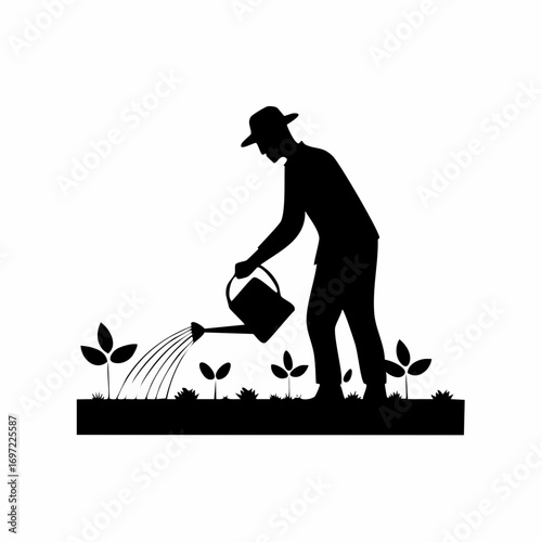 Gardener silhouette watering young seedlings with a watering can in a garden, agriculture and plant care vector illustration