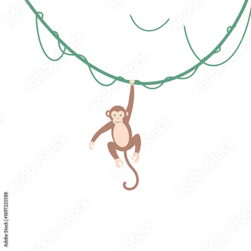 Playful monkey hanging from a vine in a whimsical, minimalistic jungle setting