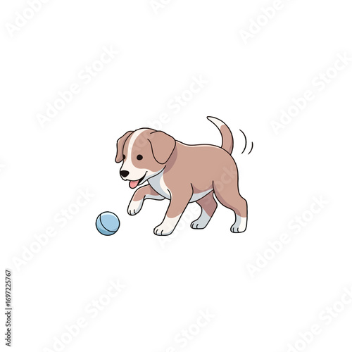 Playful puppy chasing a blue ball in a bright, cheerful environment with a sunny backdrop