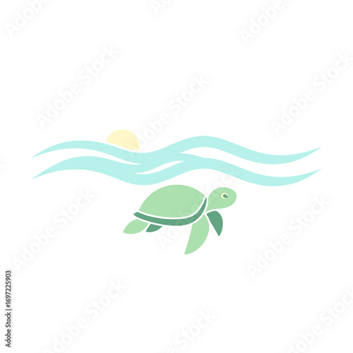 A serene green turtle swimming gracefully in calm ocean waves under a soft sunset
