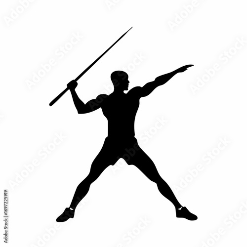 Silhouette of muscular athlete throwing javelin in outdoor stadium during track and field competition, showcasing power and determination.