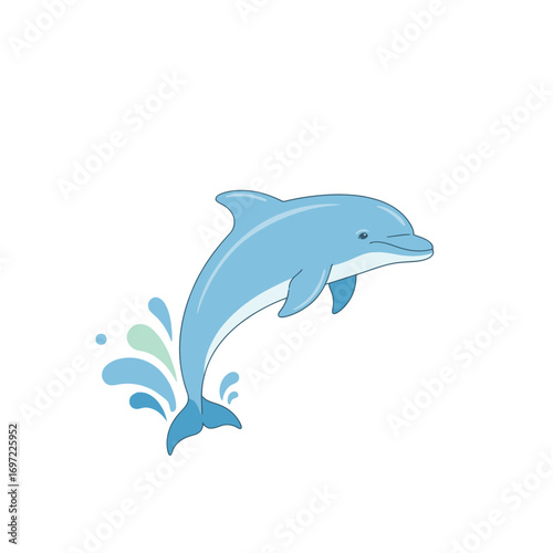 A playful dolphin leaps joyfully from the ocean, splashing water in a serene seascape