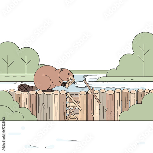 Cartoon beaver building a dam with logs near a serene river surrounded by green trees
