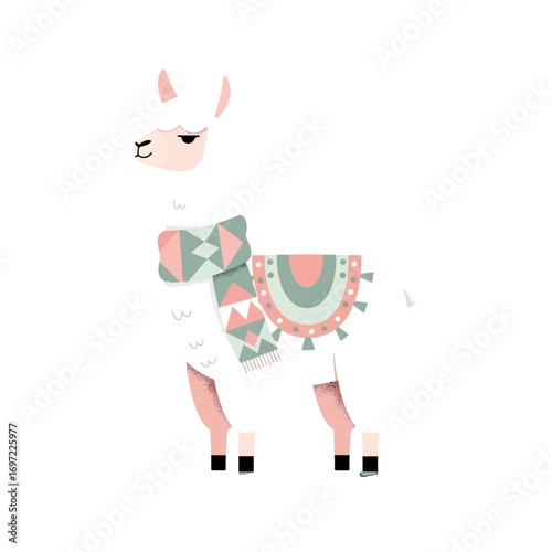 Colorful llama illustration wearing a patterned scarf against a plain white background