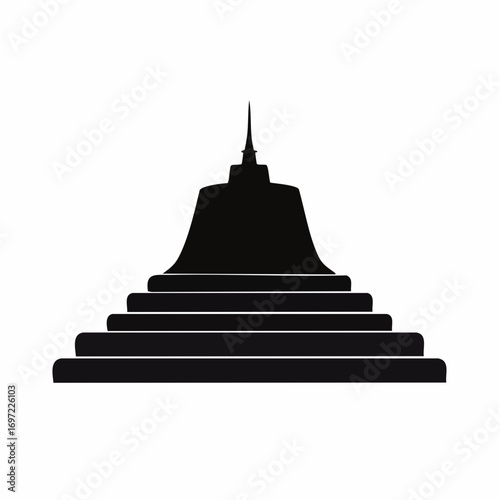 Silhouette of buddhist temple ascending staircase against a white backdrop, creating a minimalist and spiritual atmosphere.