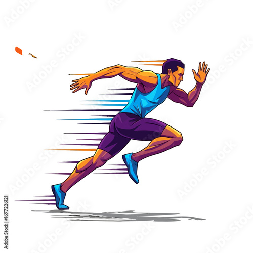 A dynamic illustration of a male athlete sprinting forward with motion blur effects