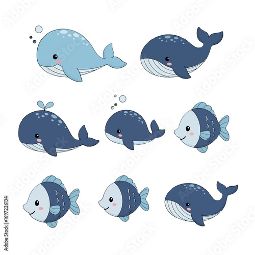 Cute cartoon whales in various poses and expressions swimming in a playful underwater scene