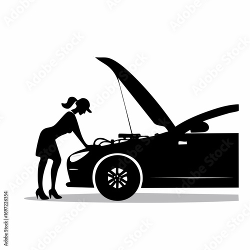 Silhouette of woman looking under the open hood of a car, suggesting vehicle breakdown, auto repair, or maintenance check.