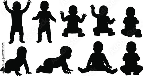 Baby silhouettes, infant poses, crawling baby, standing child, toddler movement, child development, black icons, baby vector, isolated children, playful posture