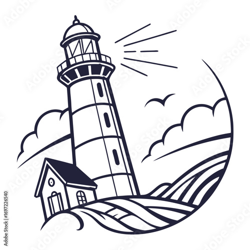 A Majestic Lighthouse Stands Tall Guiding Ships Safely Through Stormy Seas and Cloudy Skies Above Rolling Hills Near a Small Coastal Dwelling