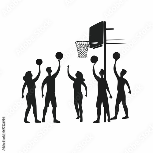 Silhouetted basketball players shooting hoops on outdoor court during friendly game with teamwork and competitive spirit.
