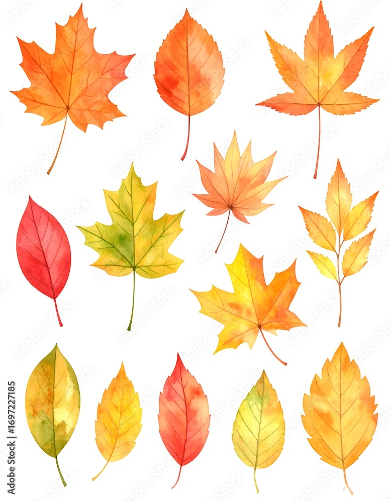 Naklejka premium Watercolor autumn leaves in various shades of orange, red, and yellow