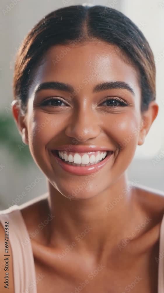 vertical. Close-up portrait of young woman smiling at camera indoors. Natural light and minimal background. Beauty, skincare, and wellness concept. Design for poster, banner, greeting card, magazine c vertical. Close-up portrait of young woman smiling at camera indoors. Natural light and minimal background. Beauty, skincare, and wellness concept. Design for poster, banner, greeting card, magazine c