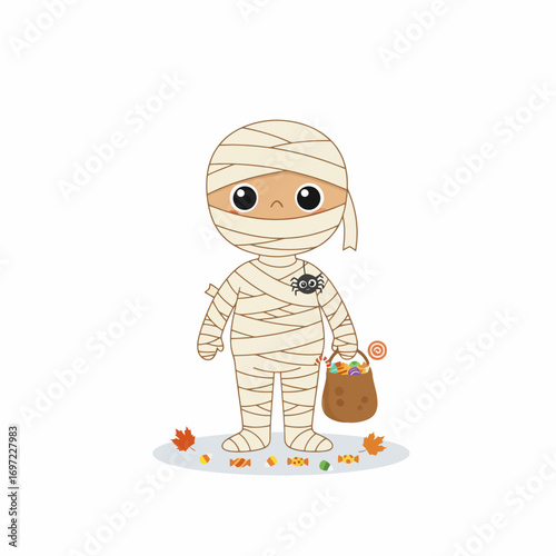 Cute mummy character trick-or-treating with a candy bag  
