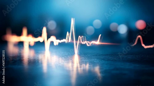 Glowing stylized heartbeat rhythm, blue background