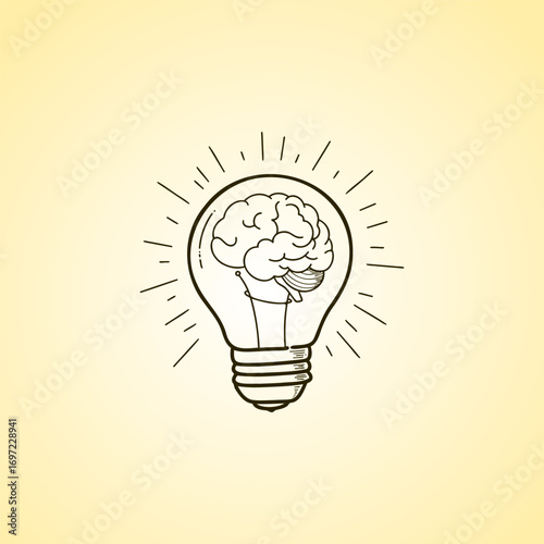 Brain inside a glowing light bulb, representing a creative idea or genius mind