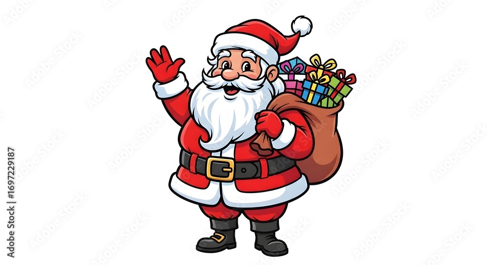 Obraz premium Jolly Santa Claus Waving and Carrying a Sack of Gifts
